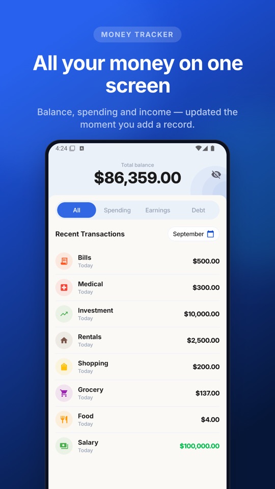 Money Tracker home screen with total balance and recent transactions