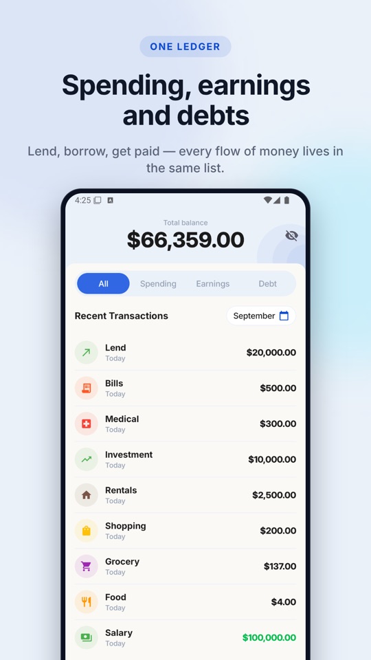 Spending, earnings and debts in one ledger